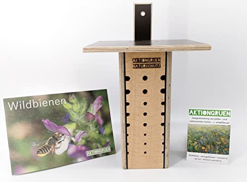 Wildbienen-Beobachtungskasten aus Buchenholz – Insektenhotel mit 24 Bohrungen (16 zur Beobachtung), 10×11×25 cm