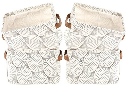 LessMo 4 Pack Storage Baskets, Collapsible Mini Storage Boxes, Canvas Fabric Waterproof Storage Bins made from Cotton and Linen, for Toys, Bathroom, Closets, Playroom (TREE-LEAF, Thin/waterproof)