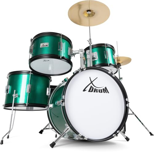 XDrum Junior Pro Batterie Enfant Emerald Green Sparkle - adaptée de 5 à 9 ans - Drumset avec accessoires complets - incl. école - Vert
