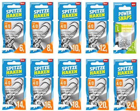 Spitze Haken Jigkopf-Set 4/0 - Lieblingsköder 12,5 cm - 18 Jigköpfe + 20 Snaps