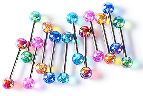 Riuziyi 12Pcs Tongue Rings for Women Candy Color Ball Tongue Nipple Piercing 14G Surgical Steel Barbell Tongue Retainer Body Jewelry Bar Length 16mm (Style1-12Pack)