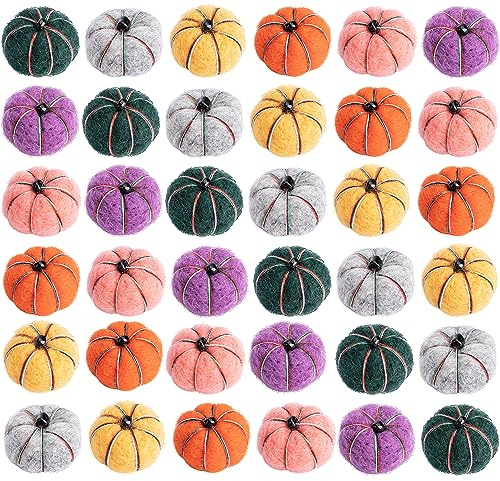 Sfcddtlg 36 PCS Halloween Small Felt Pumpkin Pom Poms-9 Colors Mini Fall Handmade Wool Felt Pumpkins for Crafts Autumn Thanksgiving Halloween Farmhouse Decoration(Color Mixing)
