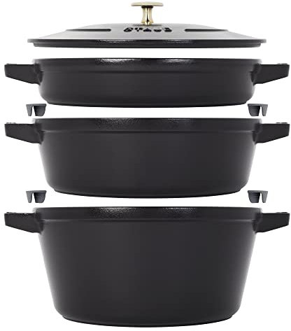 STAUB Gusseisen Set 4-teilig, stapelbares platzsparendes Kochgeschirr-Set, Dutch Oven, Bratpfanne, Grillpfanne mit Universaldeckel, Made in France, Mattschwarz