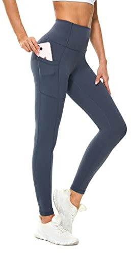 Buepeara Sport Leggings Damen Sporthose mit Taschen, High Waist Tights Laufhose Fitnesshose Für Sport & Alltag -3183-02 (Grau Blau)/M