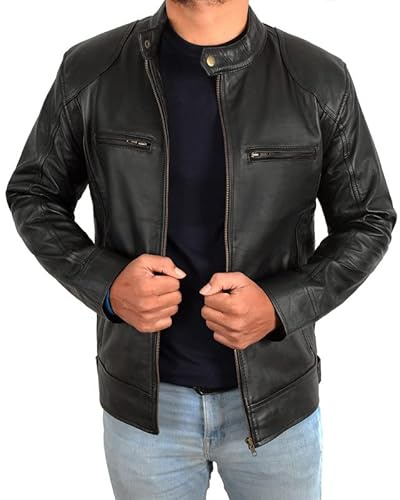 Cafe Racer - Chaqueta de cuero para motociclista vintage para hombre, estilo retro, de moda, ajustada, de piel auténtica, Negro, XXL