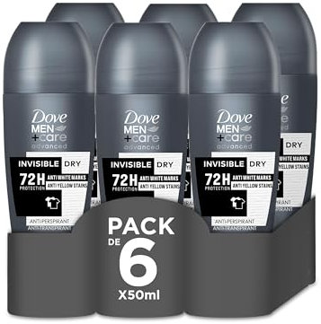 DOVE MEN + CARE Deodorante Roll On Advanced Care Invisible Dry, Antitraspirante Senza Alcol, Formula Anti Macchia, con 1/4 di Crema Idratante, Protezione Fino a 72 Ore, 6 Pezzi da 50 ml