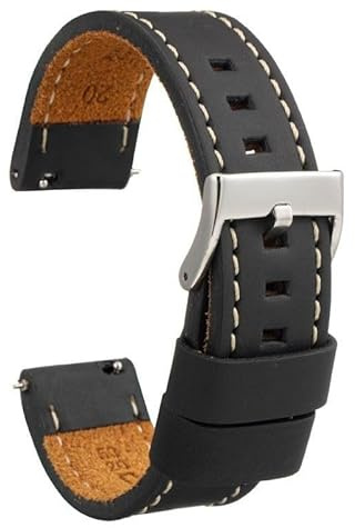 diloy Cinturino pelle cerata stile vintage cucitura bianca – Per orologi sportivi o classici – Misure 18mm 20mm 22mm 24mm 26mm – Fatta a mano – Nero o marrone 384 Bianco E Nero 24mm
