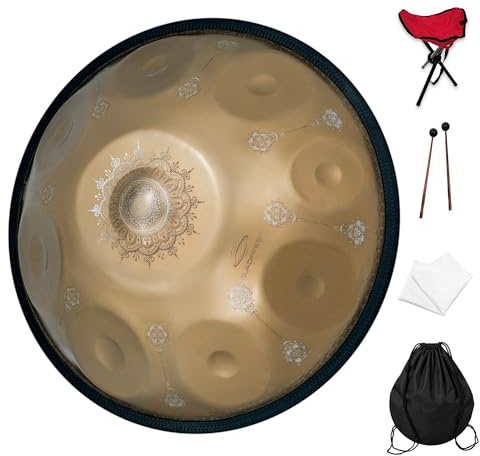 GLADFRESIT Tambor de mano de 440 Hz, 9 notas de 22 pulgadas, Court Blue performer en D Kurd Minor con soporte de mano, funda de mano, mallets duraderos y tela sin polvo