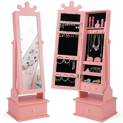 COSTWAY 2 en 1 Armoire à Bijoux Enfants avec Miroir, Organisateur à Bijoux en Forme Couronne avec 3 Tiroirs, 2 Angles d'Inclinaison(90°/94°), Charge 10kg, Jouets pour Enfants de 3 Ans+ (Rose)