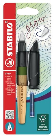 STABILO Grow - Climate-Neutral Fountain Pen - Pack of 1 - Moss Green/Oak Wood including Blue Ink Cartridge