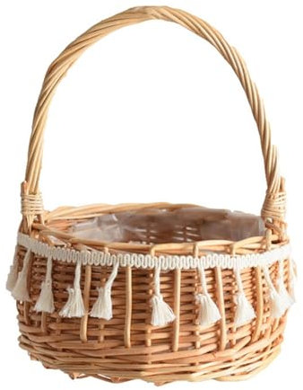 Osterkörbchen Mit Henkel, Rattan Gewebte Hochzeits Blumenkörbe Mit Griffen, Quaste Tragbarer Blumenkorb, Rattan Körbe Süßigkeitskorb, Für Flure, Wohnzimmer, Kinderzimmer, 20x20x25cm