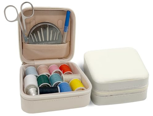 Mini Scatola da Cucito Portatile, Set Completo Con Spillo Aghi, Magnetico (Crema)