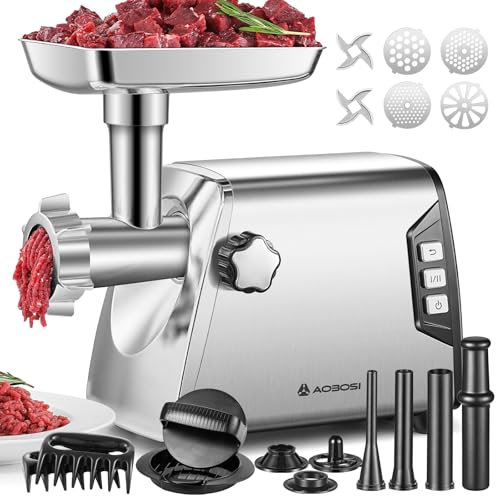 AAOBOSI #12 Picadora de carne, [3000 W máx], 3 velocidades, picadora de carne eléctrica resistente: 2 cuchillas, 4 placas, 3 rellenadores de salchichas, kit de kibbe, pinza de carne, prensa para