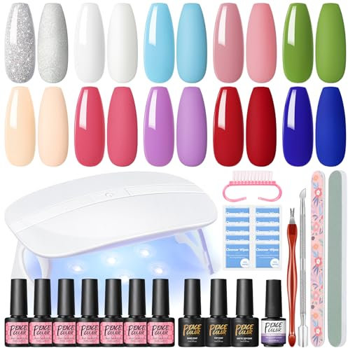PEACECOLOR Kit Semipermanente Unghie, 10 Colori Smalto Semipermanente Set con UV Lampada UV/LED Smalto in Gel per Unghie Colore Rosso Verde Blu Bianco Viola Nudo Gel per Unghie