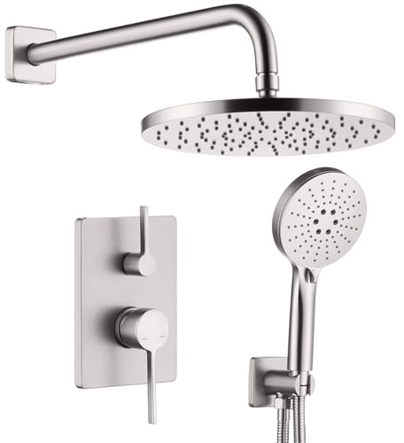 AONEON Shower Faucet Mixer Set Includes 10-Inch Rained Shower Head, 3-Setting Handheld Spray and Pressure Balance Valve Wall Mounted Brushed Nickel SF001BR-D10