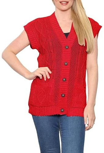 FASHION MY LOVE Gilet sans manches en tricot à câbles pour femme Cardigan style Grand-Père avec 5 boutons pour l'hiver Débardeur décontracté, Rouge, 44-46