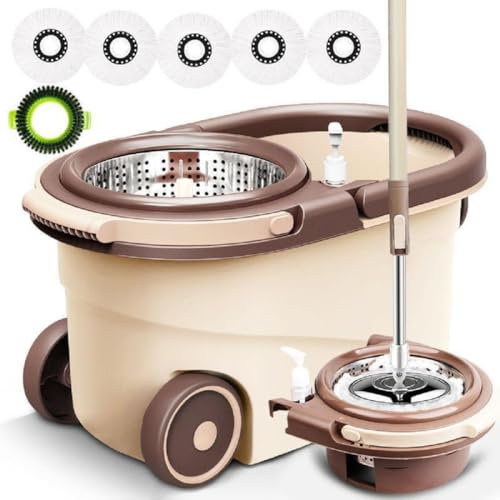 JUNYFFF Juego De Fregona con Cubo, Cubo Fregona, Acero Inoxidable Mango Telescópico De 89-120 Cm, Mopas De Limpieza Suelos con Cubo – Enviar 5 Cabezas De Microfibra Y 1 Cepillo De Suelo