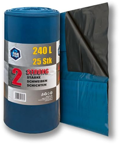 PAM-FOLIE Bolsas de basura extrafuertes, 240 l, 25 unidades, grandes y gruesas, 100 x 125 cm, doble capa, color negro y azul, bolsas de basura de construcción, bolsas universales