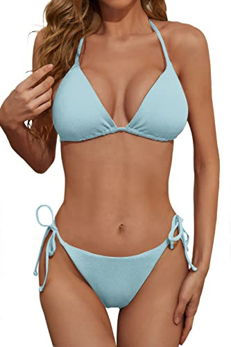Dwerfsdf Women's Two Piece Bikini Swimsuit Sexy Ribbed Triangle Top Bathing Suits String Cheeky Bikini Sets Baby Blue