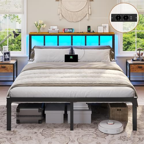 Brinlawb Cadre de lit 140 x 190 avec Sommier en Métal, Lit 2 Personnes avec Lumières LED & Multiprise(2 Prises AC,2 Ports USB) Lit Double 140x190 cm avec Rangement, Cadre en métal, Marron Vintage/Noir