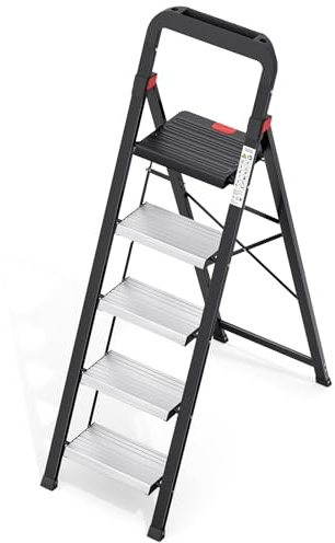 Urackify Scaletta 5 Gradini in Alluminio con Vassoio per Attrezzi, Sgabello Pieghevole, Scala piccola pieghevole, Cap 150kg per Adulti, Scalini Pieghevoli Leggeri e Portatili per Casa, Cucina, Garage