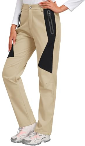heekpek Womens Waterproof Trousers Fleece Lined Outdoor Trousers Winter Thermal Pants Half Elasticated Waist Snow Ski Hiking Pants, Khaki, L