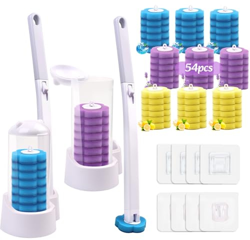 Dengthrive Disposable Toilet Brush: Lot de 2 avec Manche Incurvé Allongé et Support, Brosse WC avec 54 Recharges Nettoyantes pour Lavabo et Baignoire (3 Parfums)