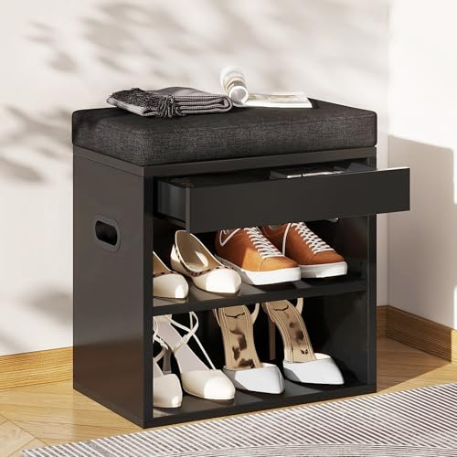 YMYNY Banco Zapatero con Asiento y Cajón, 2 Niveles Gradas Zapatero Pequeño, Estante Regulable en 3 Alturas para Sala de Estar, Pasillo, Dormitorio, Negro, HSC002B