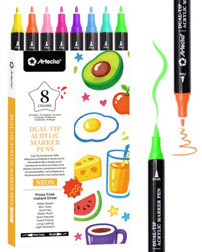 Artecho Acrylic Paint Markers 8 Fluorescent Colors | Dual Tip Acrylic Paint Markers with Brush Tip and Fine Tip for Rock Painting,Glass,Wood,Egg,Ceramic,Fabric,leather,DIY Crafts