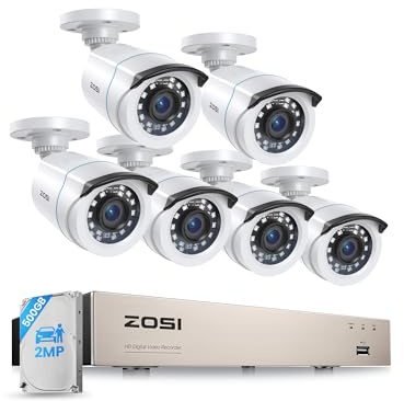 ZOSI 1080P Kit Cámaras de Vigilancia 6 Cámara Seguridad Cableada Interior/Exterior con 8CH 2MP DVR Sistema CCTV 500GB Disco Duro para Hogar y Negocio, Detección y Alarma de Personas, Visión Nocturna