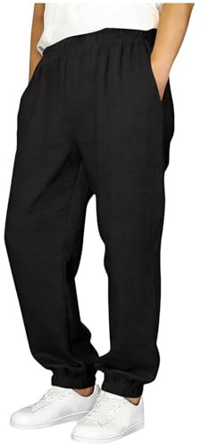 Kids Boys Linen Trousers Tapered Elasticated Waist Casual Loose Linen Trousers Baggy Straight Leg Pants Summer Comfy Beach Travel Outfits Joggers with Pockets for 5-15 Years Black