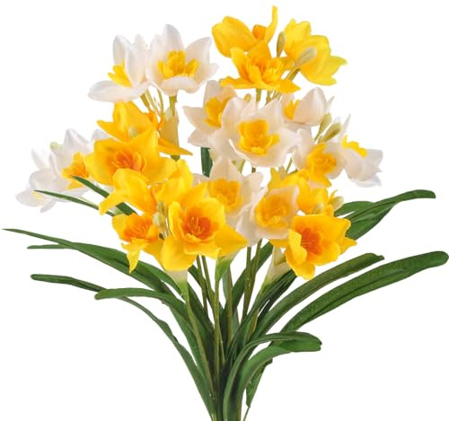 LEIMEND 8 Pezzi Fiori Artificiali Narcisi Fiori Finti per Decorazioni Fiori Artificiali Bianco Giallo Fiori Finti da Esterno Adatto per la Decorazione di Esterni Balconi Interni Giardini