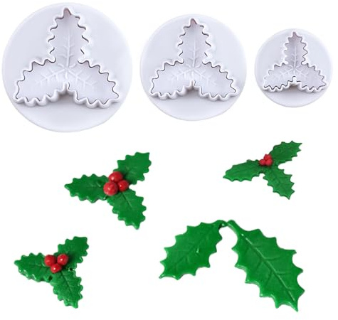 KALAIEN 3pcs Holly Leaf Plunger Cutter Fondant Baking Tools Cake Cookie Sugarcraft Decorating Mould