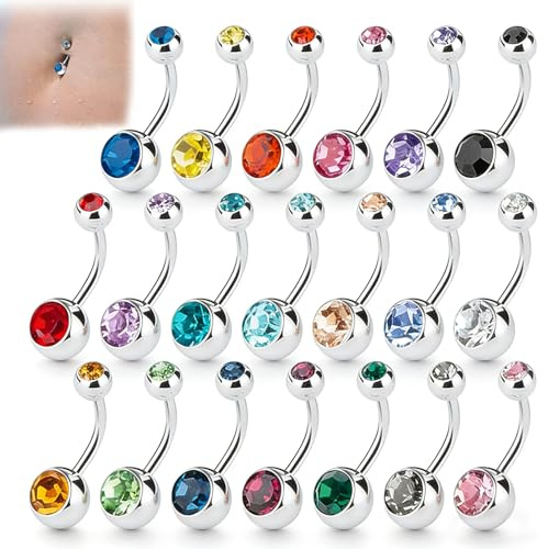 Amaza 20 Piercing per Ombelico in Acciaio Inox, con Doppia Gemma, 20 Colori, 14 Gauge (1,6 mm x 11 mm)