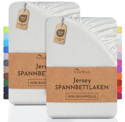 NatureMark 2er Pack Jersey Spannbettlaken, Spannbetttuch 100% Baumwolle in vielen Größen und Farben MARKENQUALITÄT ÖKOTEX Standard 100 | 140 x 200 cm - 160 x 200 cm - Creme/Natur