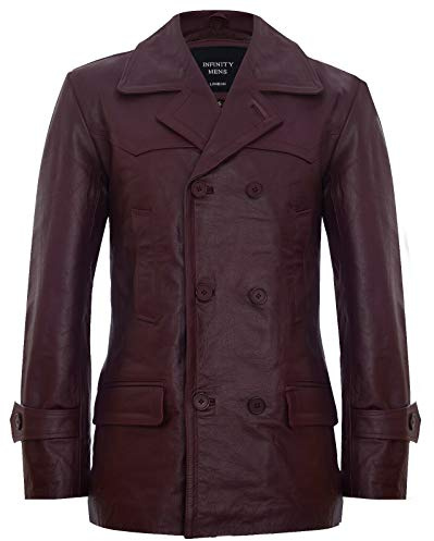 Uomo Tedesco Borgogna Navale Dr Who Mucca Nascondi Pea Cappotto in Pelle L