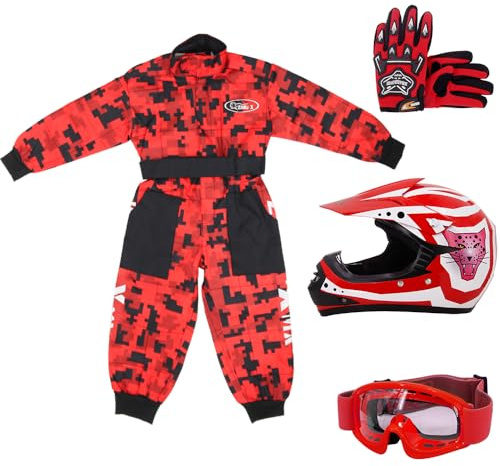 Zorax Red CAMO S(5-6 Years) Kids Suit & Gloves M(6cm) & Goggles & Zorax M (51-52cm) ZOR-X17 Kids Children Motocross Motorbike Motorcycle Helmet Set ECE2206
