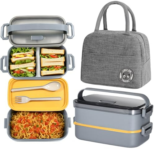 Haoh Bento Lunch Box Kit,1600ml 2 Etages Boite Repas avec Sac Isotherme Repas, Hermétique Boîtes Bento pour Pique Nique, Travail, Goûter, Ecole, Boîte à Lunch Micro Ondable(Gris)