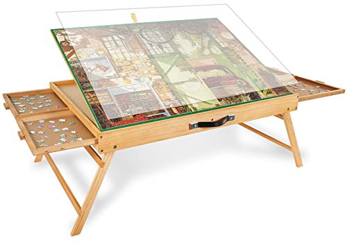 1500 Stück Tragbarer Puzzletisch mit Beinen, 64 x 87 cm Verstellbares Holz-Puzzlebrett mit 4 Schubladen & Abdeckung, Geburtstagsgeschenk für Mama, 3-Neigungswinkel Puzzle-Tisch für Erwachsene