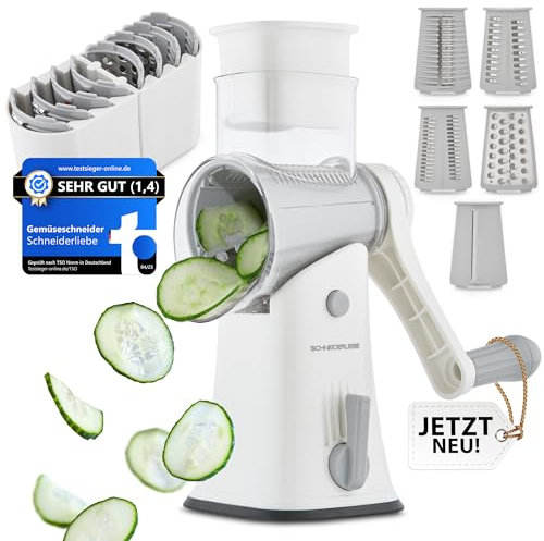 SCHNEIDERLIEBE Gemüseschneider | Gemüsereibe, Trommelreibe [EDELSTAHL] Gemüse der Käsereibe mit Kurbel & verschiedenen Aufsätzen