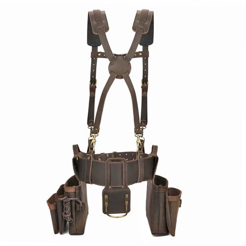 TOURBON Cinturón de herramientas de carpintero con tirantes desmontables, bolsas de herramientas de electricista, bucle para martillo, múltiples bolsillos