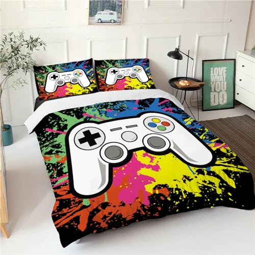 Yasida Gaming Bedding Double Quilt Cover Gamer Bedding Boys Double Duvet Set With Colourful For Teenage/Boy Soft Microfibre Kids Double Duvet Set 200x200 And 2 Pillowcase 50x75 Gaming Bedroom