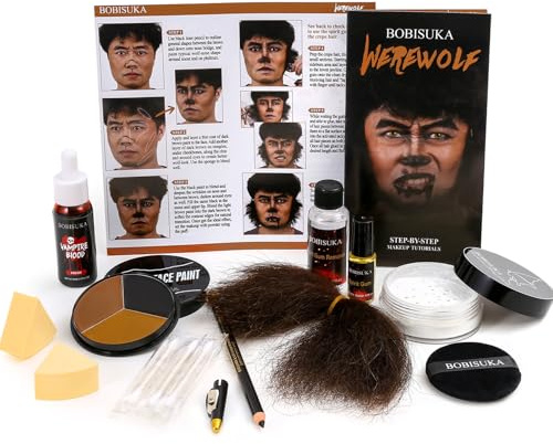 Halloween Werewolf Makeup Kit, Wolf-man SFX Make Up Kits Character Set with Face Paint, Crepe Hair & Fake Blood for Special Effects Costume Makeup, Theater, Cosplay & Party