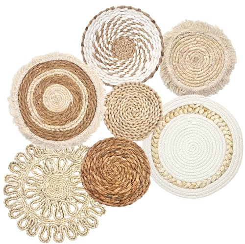 Boho Wall Baskets, Rattan Decor, Flat Round Woven Water Hyacinth Corn Husk, Farmhouse Handmade Macrame Hanging Baskets - Living Room, Bedroom, Dining Room, Light Color