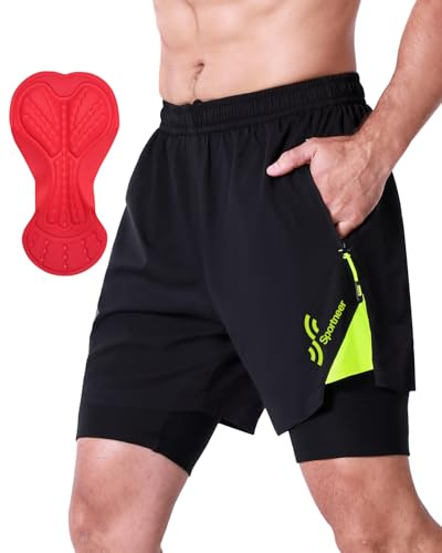 Sportneer Men's Cycling Shorts, 3D Padded Mountain Bike Shorts with Zipper Pockets, Black, Medium
