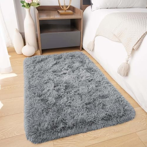 BedLooms Rugs Living Room Small 50x80 CM – Grey Area Rugs for Bedroom Anti Slip – Modern Super Soft Plush Carpets Fluffy Shaggy Rug for Lounge, Dining Room – Non Shedding Bedside Rug for Kids Room
