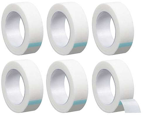 6 Rouleaux Ruban de Peau Flexible, Micropore Sparadrap Chirurgical Médical Bande 1,2cm x 9m, Auto-Adhésif Bande de Soutien Respirante pour le Nez Extensions de cils Blessures Gonflement Sports, Blanc