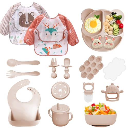 Bizcasa Vajilla Bebe Silicona, 14 Piezas Vajilla de Silicona para Bebés Antideslizante, Cubiertos Bebe para comer destete, Sin BPA, Con Baberos de manga larga Taza Plato Cuenco (Beige)