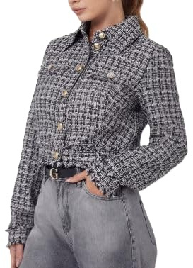 GUESS Veste Tweed Noir et Blanc Cropped, blanc/noir, M taille courte