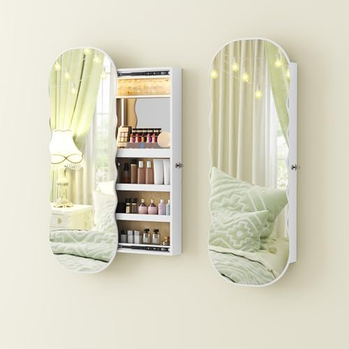 Lvifur LED Schmuckschrank Hängend,Schmuckschrank mit Spiegel Wandmontage,Spiegelschrank mit 3-farbiges LED-Licht,Schmuckregal mit Ganzkörperspiegel,Schrank Tür- und Wandmontage